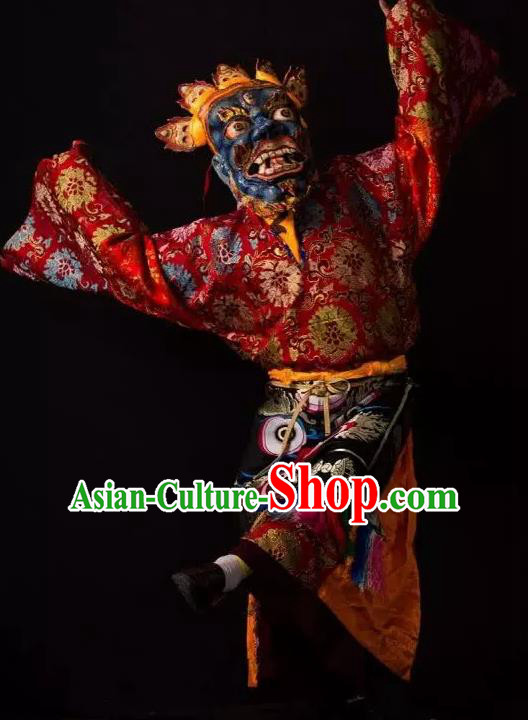 Lang SaWenBo Traditional Chinese Zang Nationality Shaman Stage Performance Red Costumes and Headwear for Men