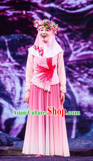 Flowers and Trumpeter Traditional Chinese Hui Nationality Pink Dress Stage Show Costume and Headwear for Women