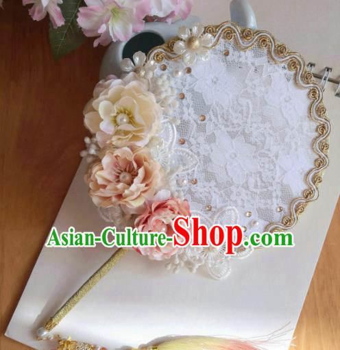 Traditional Chinese Classical White Lace Palace Fans Hanfu Bride Round Fan for Women