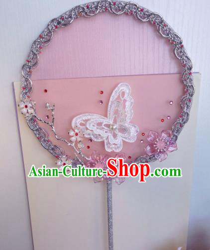 Traditional Chinese Classical Pink Silk Palace Fans Hanfu Bride Round Fan for Women