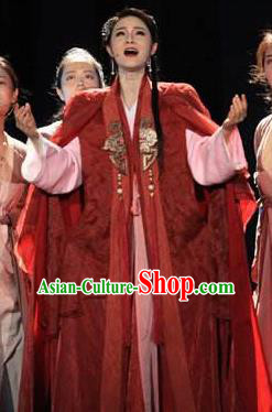 The Book of Songs Cai Wei Traditional Chinese Classical Dance Red Dress Stage Show Costume and Headdress for Women