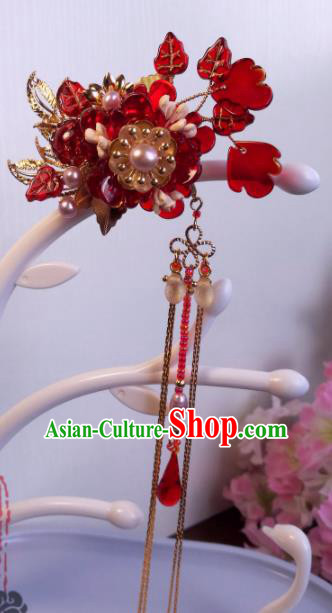 Traditional Chinese Classical Red Flower Hairpins Ancient Hanfu Hair Accessories for Women