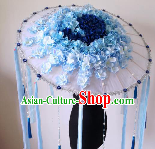 Traditional Chinese Classical Blue Flowers Umbrella Ancient Hanfu Tassel Umbrellas for Women