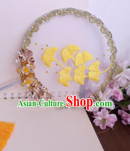 Traditional Chinese Classical Embroidered Ginkgo Silk Palace Fans Hanfu Bride Round Fan for Women