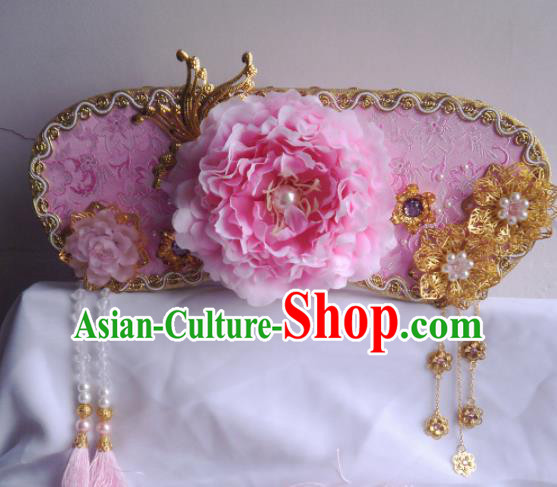 Traditional Chinese Ancient Qing Dynasty Princess Pink Peony Headwear Hanfu Hair Accessories for Women