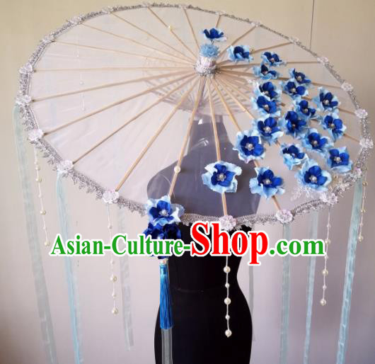 Traditional Chinese Classical Blue Flowers Umbrella Ancient Hanfu Tassel Umbrellas for Women