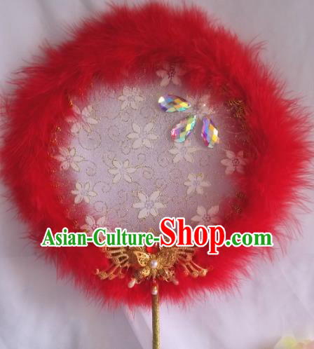 Traditional Chinese Classical Red Feather Palace Fans Hanfu Bride Round Fan for Women