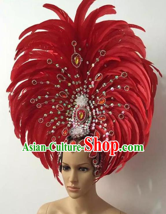 Top Halloween Red Crystal Feather Hat Brazilian Carnival Samba Dance Hair Accessories for Women