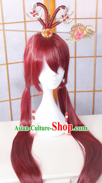 Traditional Japanese Cosplay Fairy Red Wigs and Hair Accessories for Women