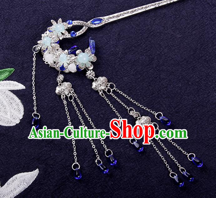 Traditional Japanese Cosplay Swordsman Blue Crystal Tassel Hairpins Ancient Hanfu Hair Accessories for Women