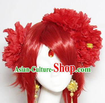 Traditional Japanese Cosplay Geisha Red Wigs and Red Peony Hair Accessories for Women