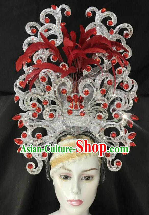 Top Halloween Samba Dance Red Crystal Feather Royal Crown Brazilian Rio Carnival Deluxe Hair Accessories for Women