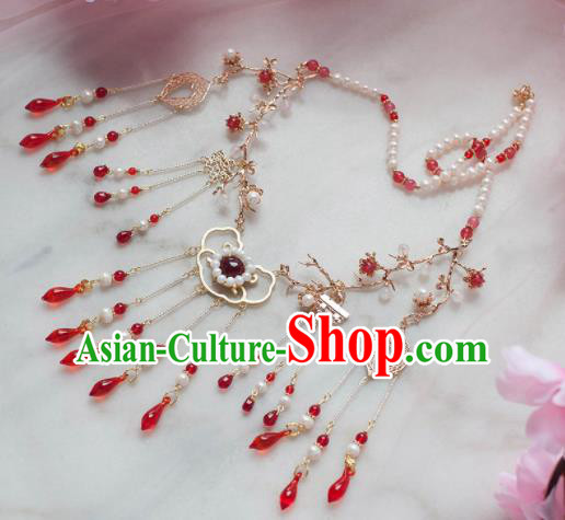 Traditional Chinese Hanfu Red Crystal Tassel Necklace Ancient Princess Jewelry Accessories for Women