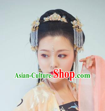 Traditional Chinese Classical Golden Tassel Hair Crown Hairpins Ancient Princess Hanfu Hair Accessories for Women