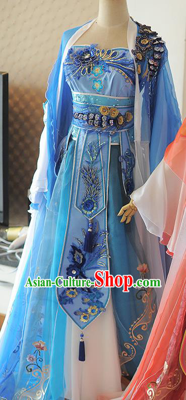 Chinese Cosplay Tang Dynasty Princess Blue Dress Ancient Female Swordsman Heroine Costume for Women