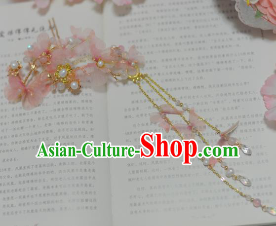 Traditional Chinese Classical Pink Silk Butterfly Hairpins Ancient Princess Hanfu Hair Accessories for Women