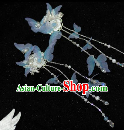 Traditional Chinese Classical Blue Silk Butterfly Hair Claws Hairpins Ancient Princess Hanfu Hair Accessories for Women