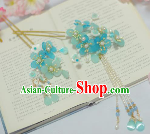 Traditional Chinese Classical Blue Plum Blossom Hairpins Ancient Princess Hanfu Hair Accessories for Women