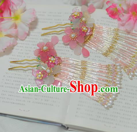 Traditional Chinese Classical Pink Plum Tassel Hairpins Ancient Princess Hanfu Hair Accessories for Women