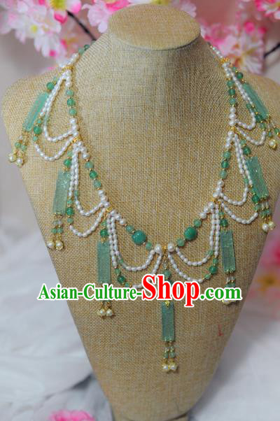 Traditional Chinese Hanfu Green Jade Pearls Necklace Ancient Princess Tassel Necklet Accessories for Women