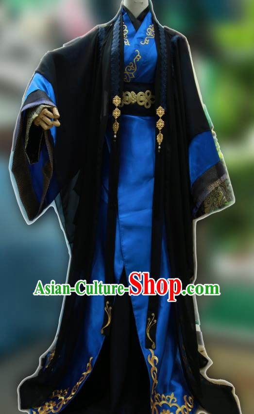 Traditional Chinese Cosplay Prince Swordsman Royalblue Clothing Ancient Nobility Childe Costume for Men