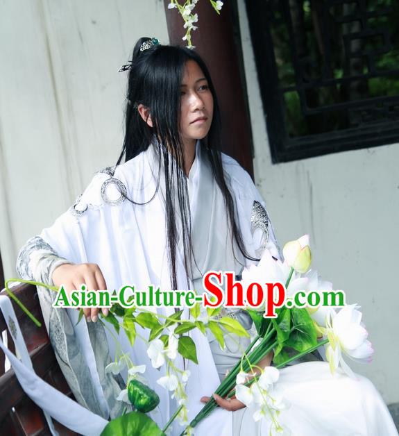 Traditional Chinese Cosplay Swordsman White Clothing Ancient Nobility Childe Costume for Men