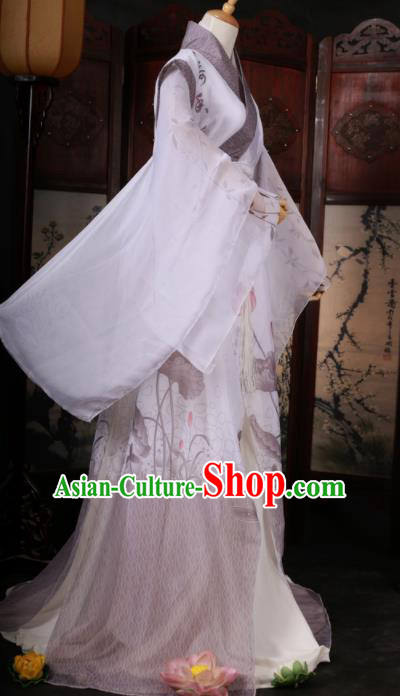 Traditional Chinese Cosplay Swordsman Ink Painting Lotus White Clothing Ancient Nobility Childe Costume for Men