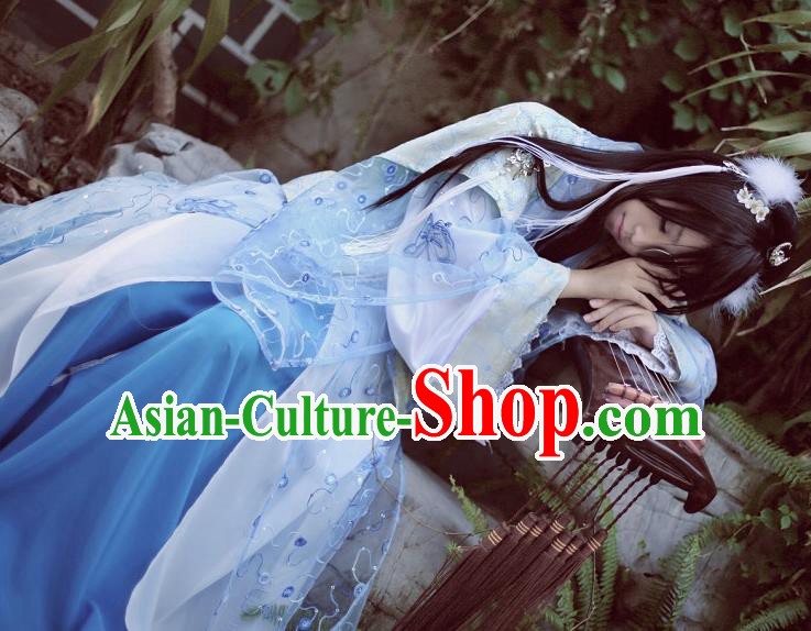 Traditional Chinese Cosplay Female Knight Swordsman Blue Dress Ancient Princess Costume for Women