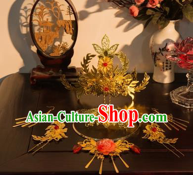 Traditional Chinese Cosplay Princess Golden Hairpins Ancient Bride Phoenix Coronet Hair Accessories for Women