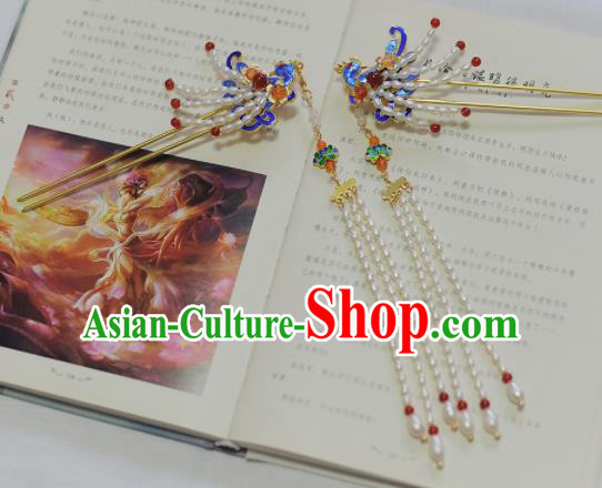 Traditional Chinese Classical Pearls Phoenix Tassel Hairpins Ancient Princess Hanfu Hair Accessories for Women