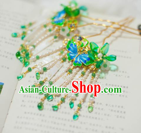 Traditional Chinese Classical Green Flowers Tassel Hairpins Ancient Princess Hanfu Hair Accessories for Women