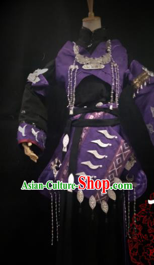 Chinese Cosplay Tang Dynasty Female Swordsman Purple Short Dress Ancient Princess Peri Costume for Women