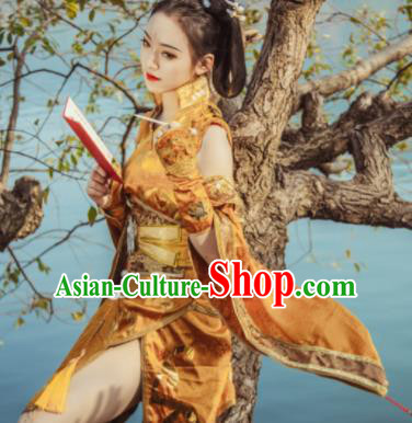 Chinese Cosplay Tang Dynasty Female Swordsman Golden Embroidered Dress Ancient Princess Peri Costume for Women
