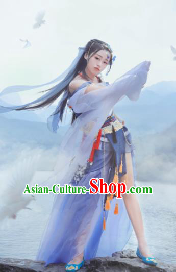 Chinese Cosplay Female Swordsman Blue Dress Ancient Princess Peri Costume for Women
