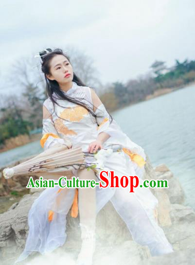 Chinese Cosplay Heroine Female Swordsman White Dress Ancient Princess Peri Costume for Women