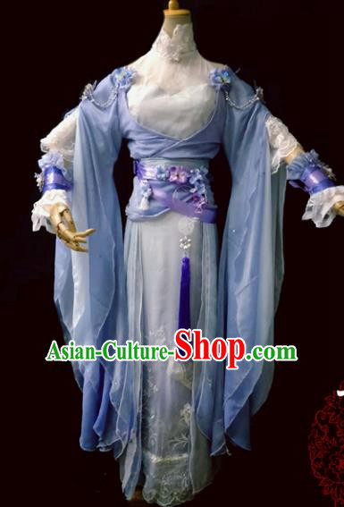 Chinese Cosplay Heroine Female Swordsman Blue Dress Ancient Princess Peri Costume for Women