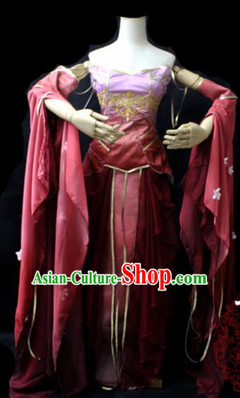 Chinese Cosplay Fairy Princess Wine Red Dress Ancient Female Swordsman Knight Costume for Women