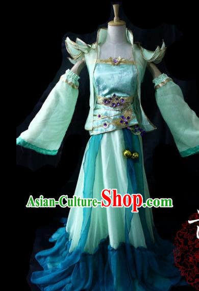 Chinese Cosplay Game Fairy Princess Green Dress Ancient Female Swordsman Knight Costume for Women