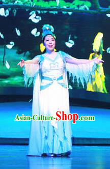 Chinese Drama Dragon Boat Festival Classical Dance Blue Dress Stage Performance Costume and Headpiece for Women