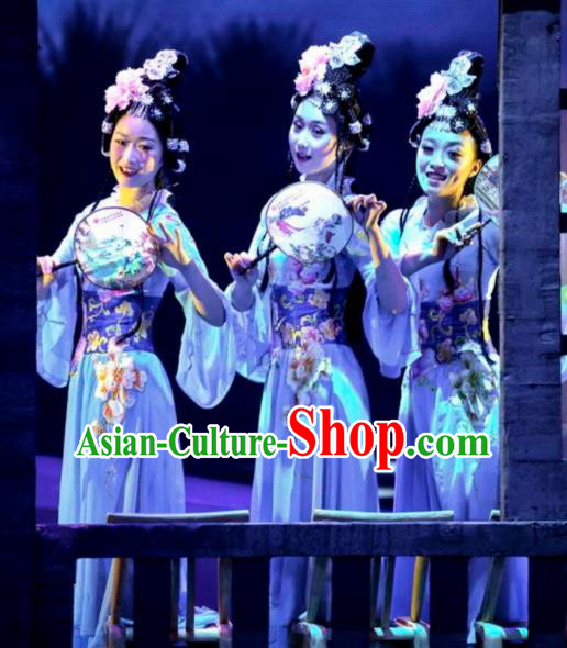 Chinese Drama Dragon Boat Festival Classical Dance Blue Dress Stage Performance Costume and Headpiece for Women