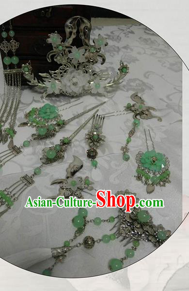 Traditional Chinese Classical Green Peony Hairpins Hair Combs Ancient Princess Hanfu Hair Accessories for Women