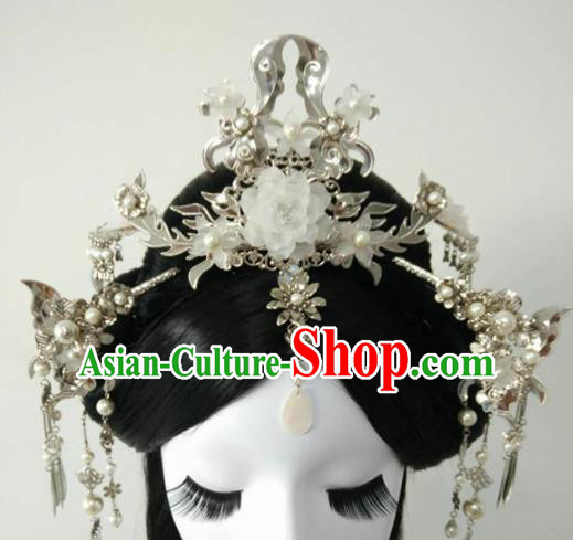 Traditional Chinese Classical Hairpins White Peony Hair Crown Ancient Princess Hanfu Hair Accessories for Women