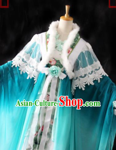 Chinese Cosplay Imperial Consort Lake Blue Dress Ancient Female Swordsman Knight Costume for Women