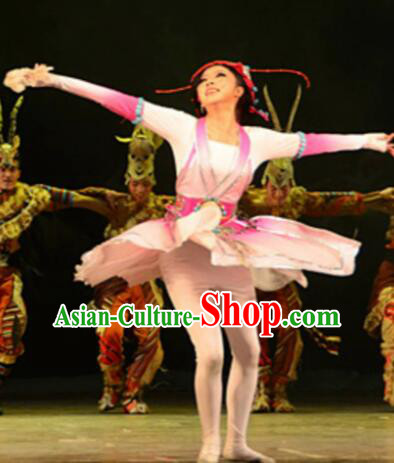 Chinese Tamrac Heaven Zang Nationality Dance Pink Dress Stage Performance Costume and Headpiece for Women