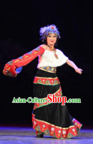 Chinese Tamrac Heaven Zang Nationality Folk Dance Black Dress Stage Performance Costume and Headpiece for Women