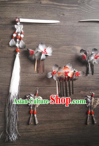 Traditional Chinese Classical Grey Flowers Hair Comb Tassel Hairpins Ancient Princess Hanfu Hair Accessories for Women