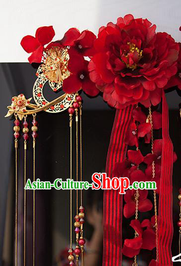 Traditional Chinese Classical Red Peony Hair Crown Tassel Hairpins Ancient Princess Hanfu Hair Accessories for Women