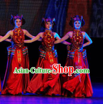 Chinese Tamrac Heaven Zang Nationality Folk Dance Red Dress Stage Performance Costume and Headpiece for Women