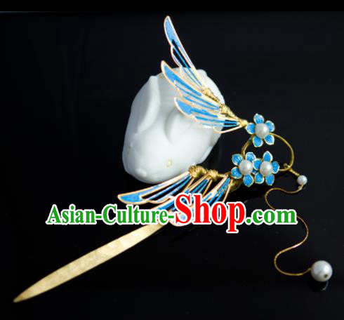 Traditional Chinese Classical Blue Wing Hairpins Ancient Princess Hanfu Hair Accessories for Women