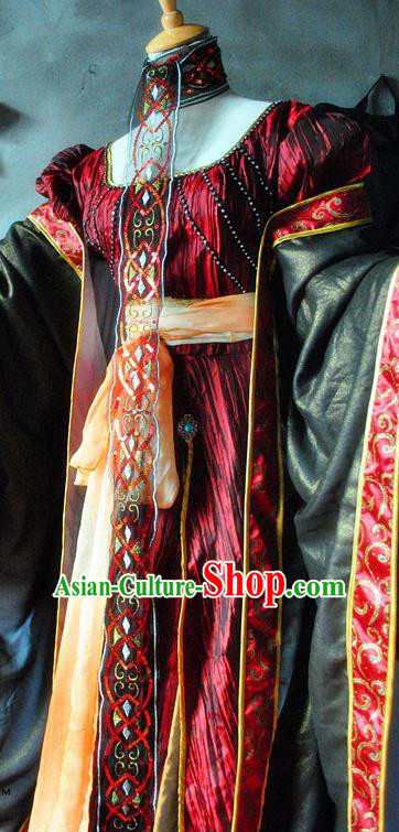 Chinese Cosplay Goddess Queen Wine Red Dress Ancient Female Swordsman Knight Costume for Women